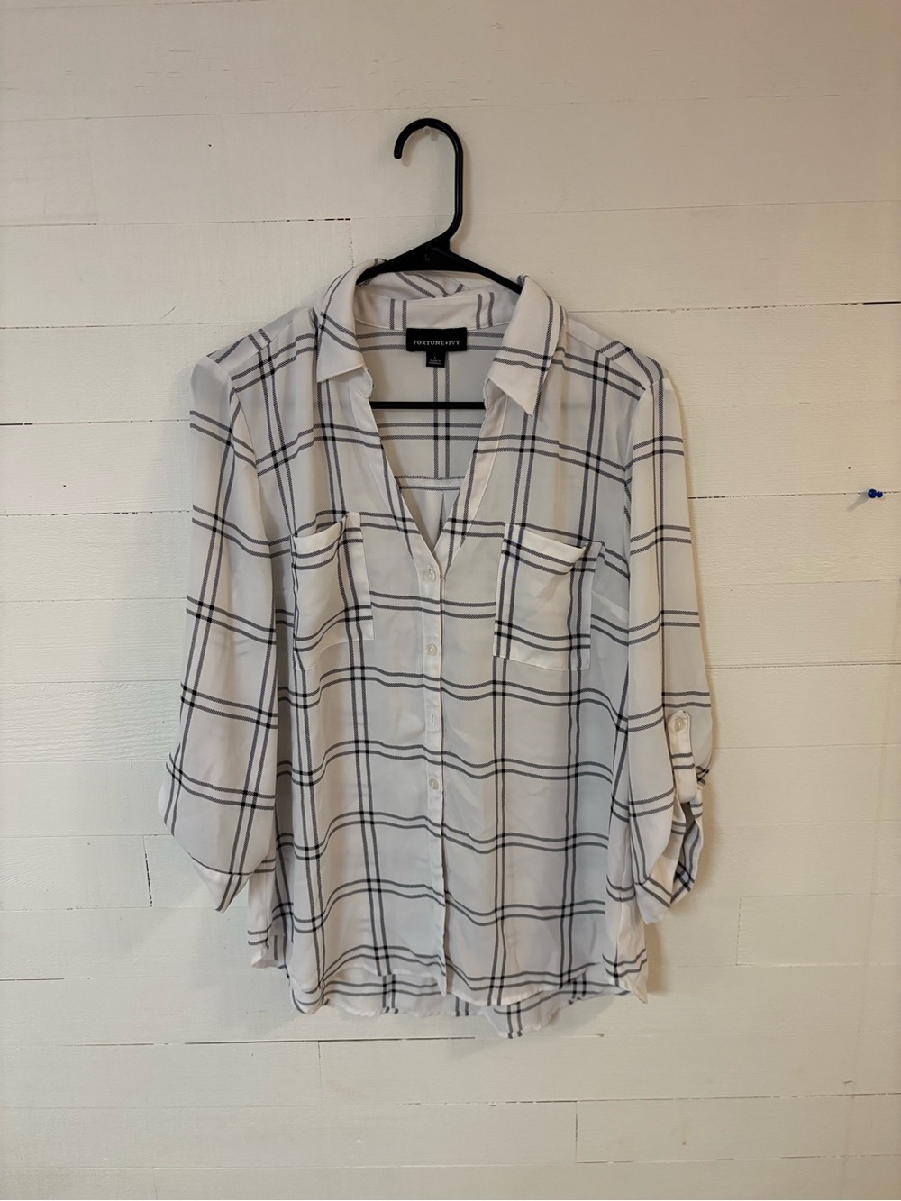 Fortune + Ivy Women's Large White Black Plaid Button Down Roll Tab Blouse